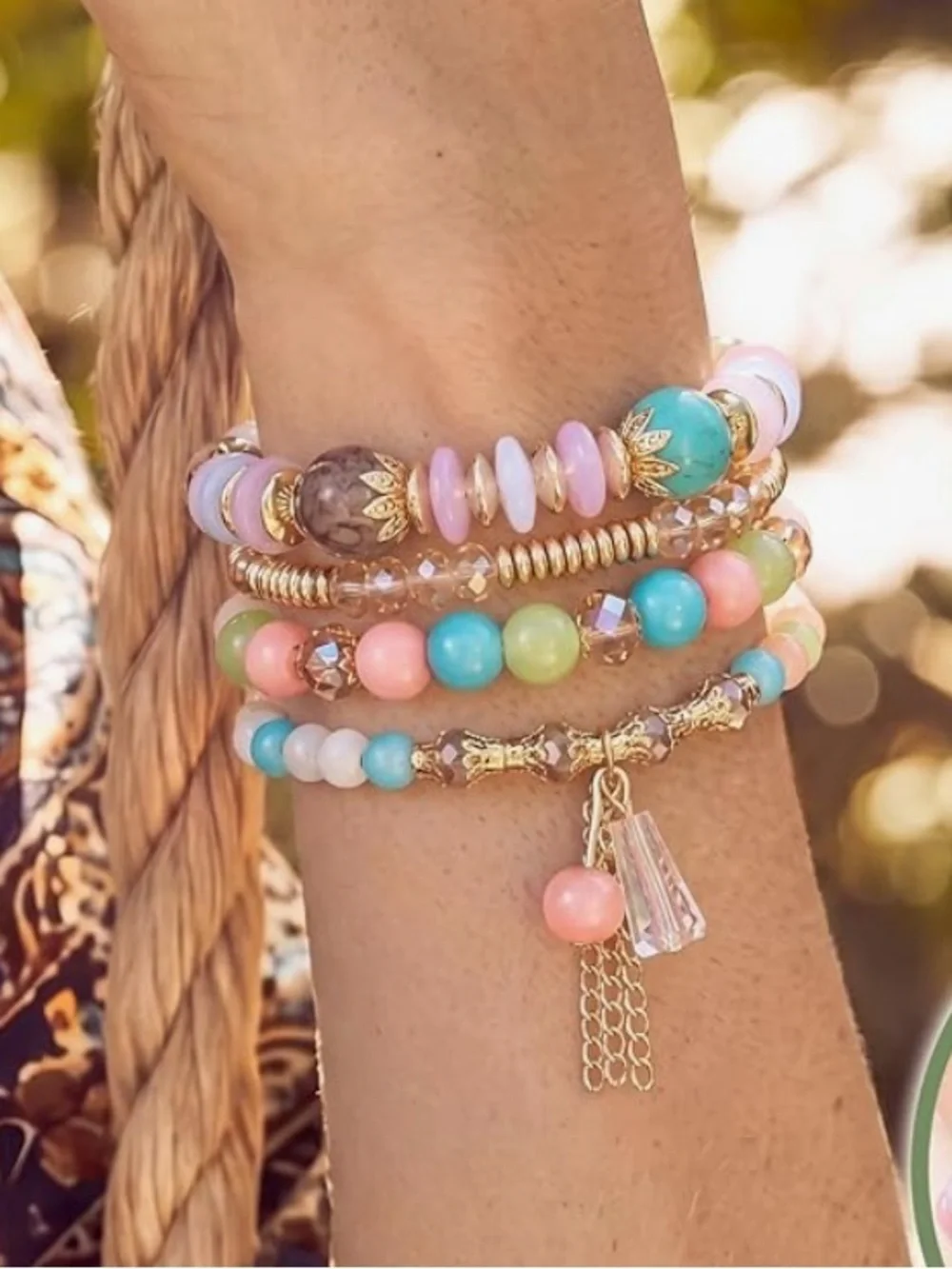 Anthropologie Pastel Multi-Bead Bracelet Stack with Gold Accents
